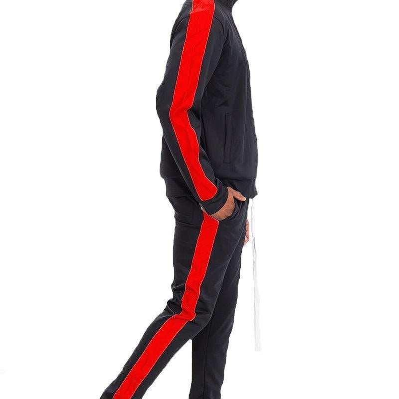 Men's 2PC Track Sets Mens Black/Red Single Stripe Track Suit 2-Pc Set