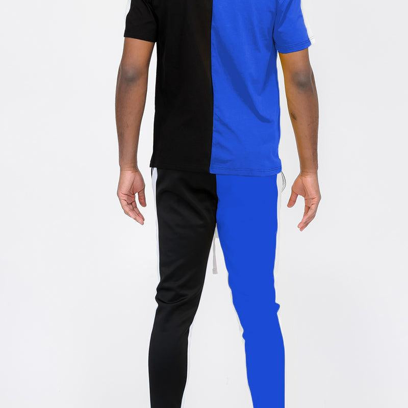 Men's Activewear Mens Blue Black Two Way Split Tshirt Pants Set