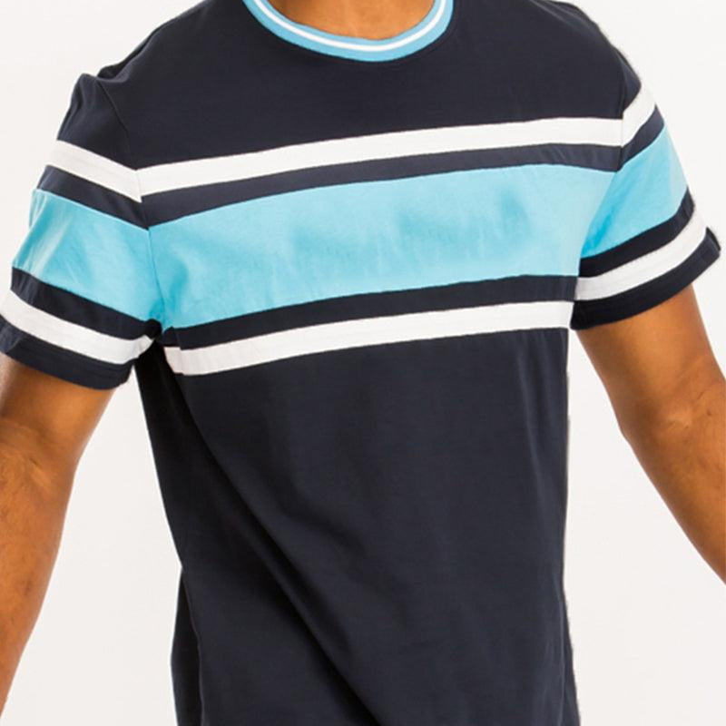 Men's Shirts - Tee's Mens Blue Chest Tri Color Block Tshirt