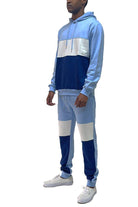 Men's 2PC Track Sets Mens Blue White Color Block Pullover Hoodie Sweat Pants Set