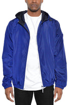 Men's Blue Windbreaker Jacket by VacationGrabs with Adjustable Hood and Zipper Closure