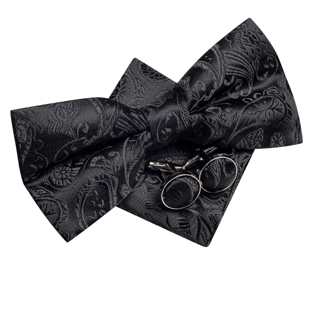 Mens bow tie in black paisley pattern with matching pocket square