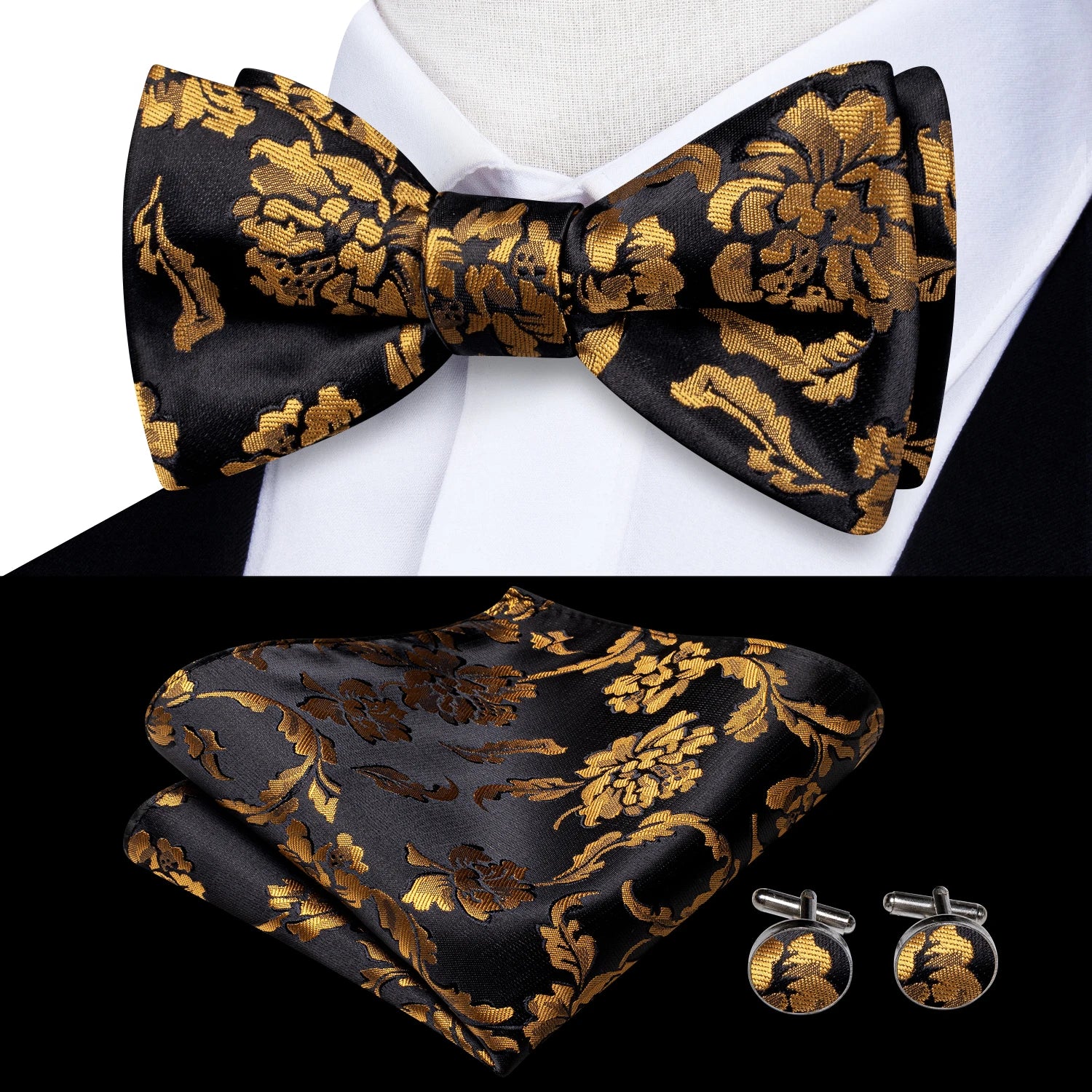 men's bow tie in black and gold floral pattern, perfect for formal events