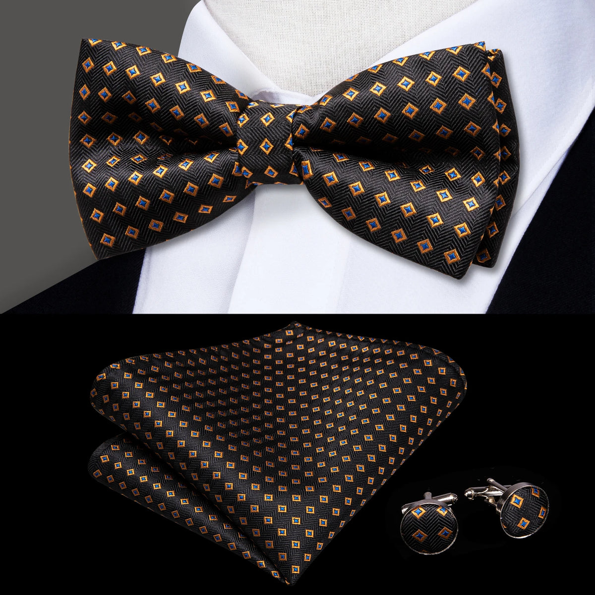 Mens bow tie in black with orange geometric patterns, formal attire accessory