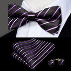 Mens bow tie in black and purple stripes with matching pocket square