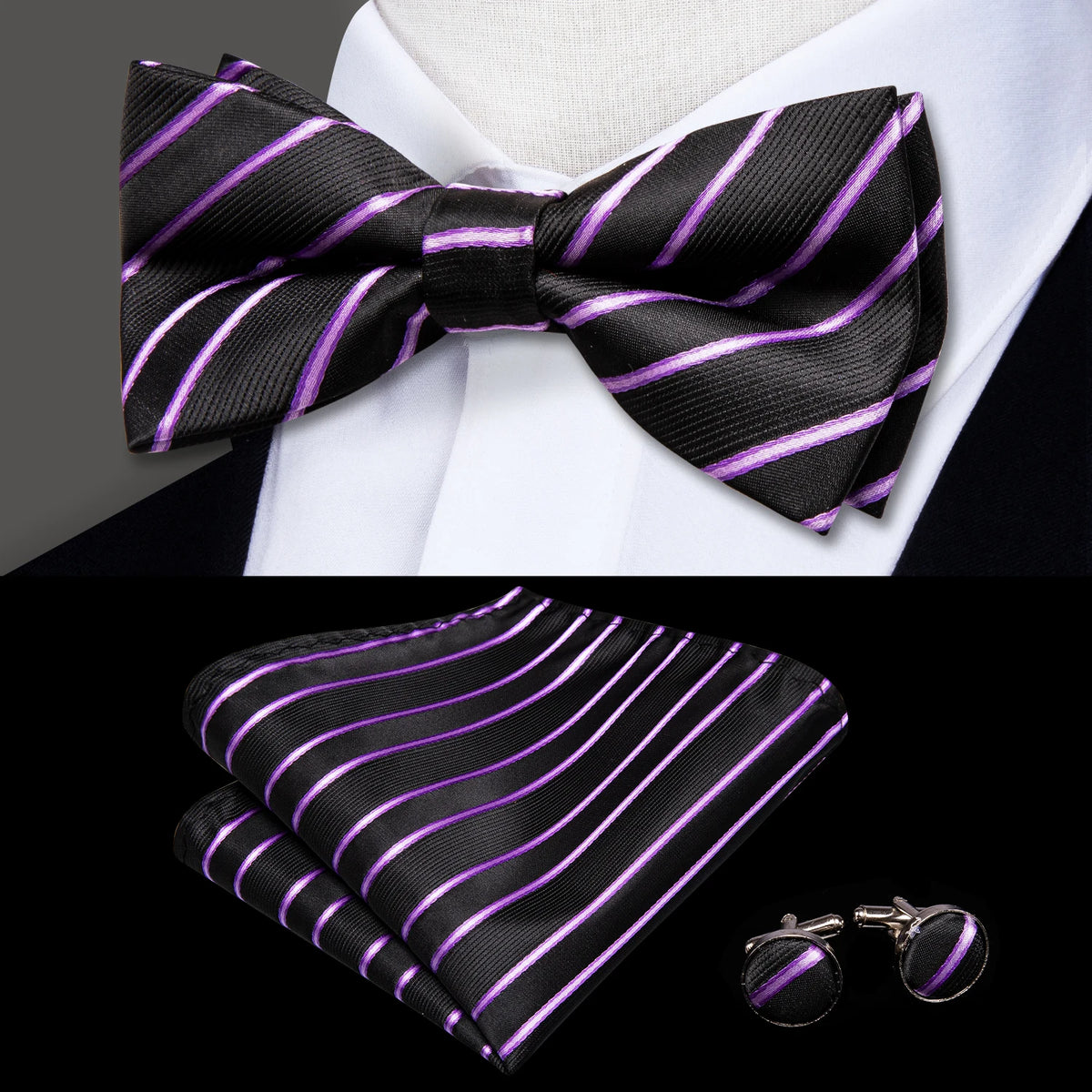Mens bow tie in black and purple stripes with matching pocket square