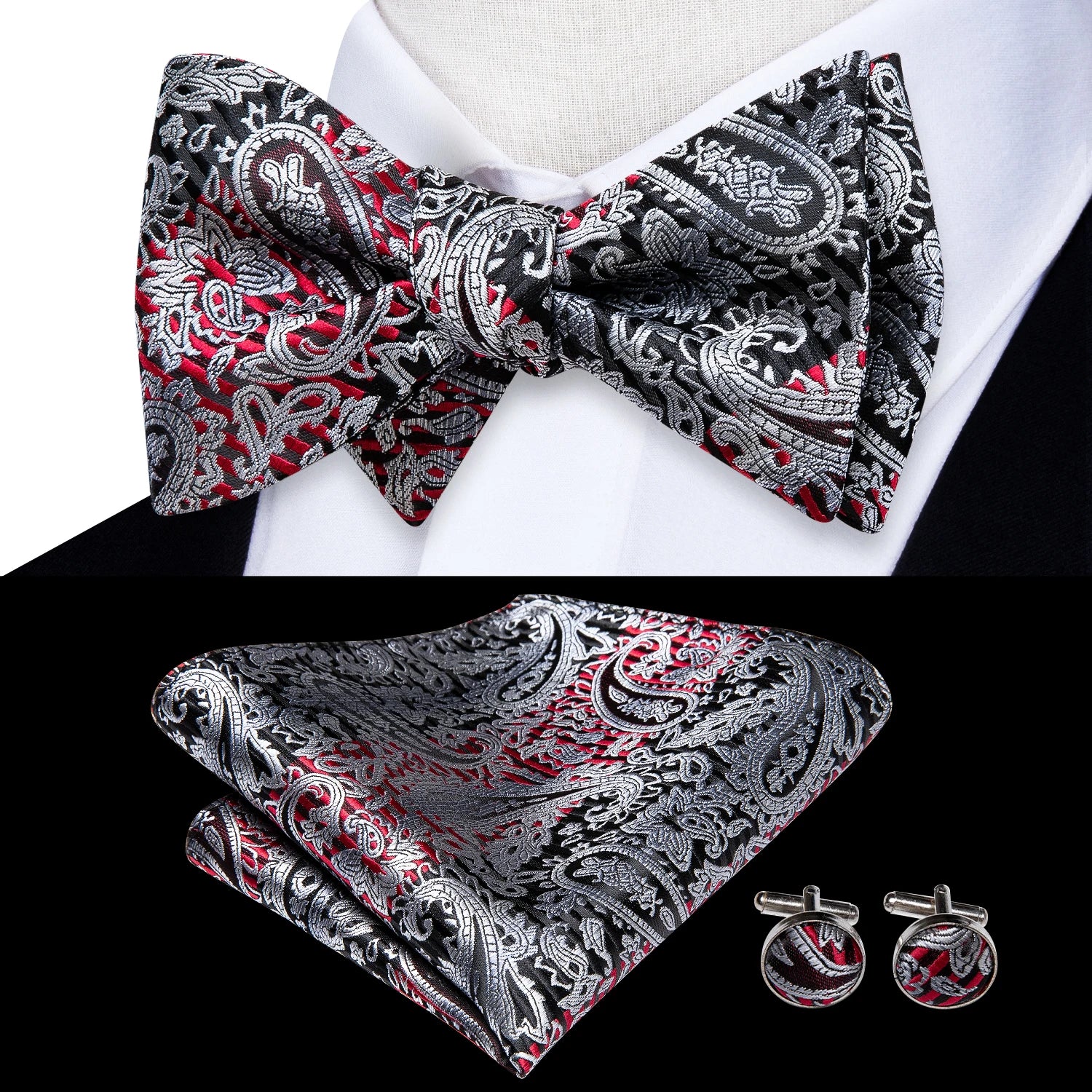 Mens bow tie in red and black paisley pattern with matching pocket square and cufflinks
