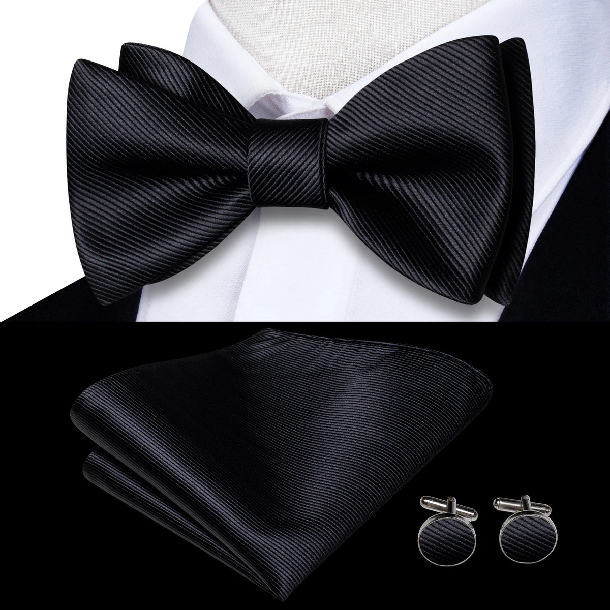 Men's black bow tie set, silk material for formal occasions
