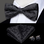 Mens bow tie set in black with paisley pattern, perfect for formal events