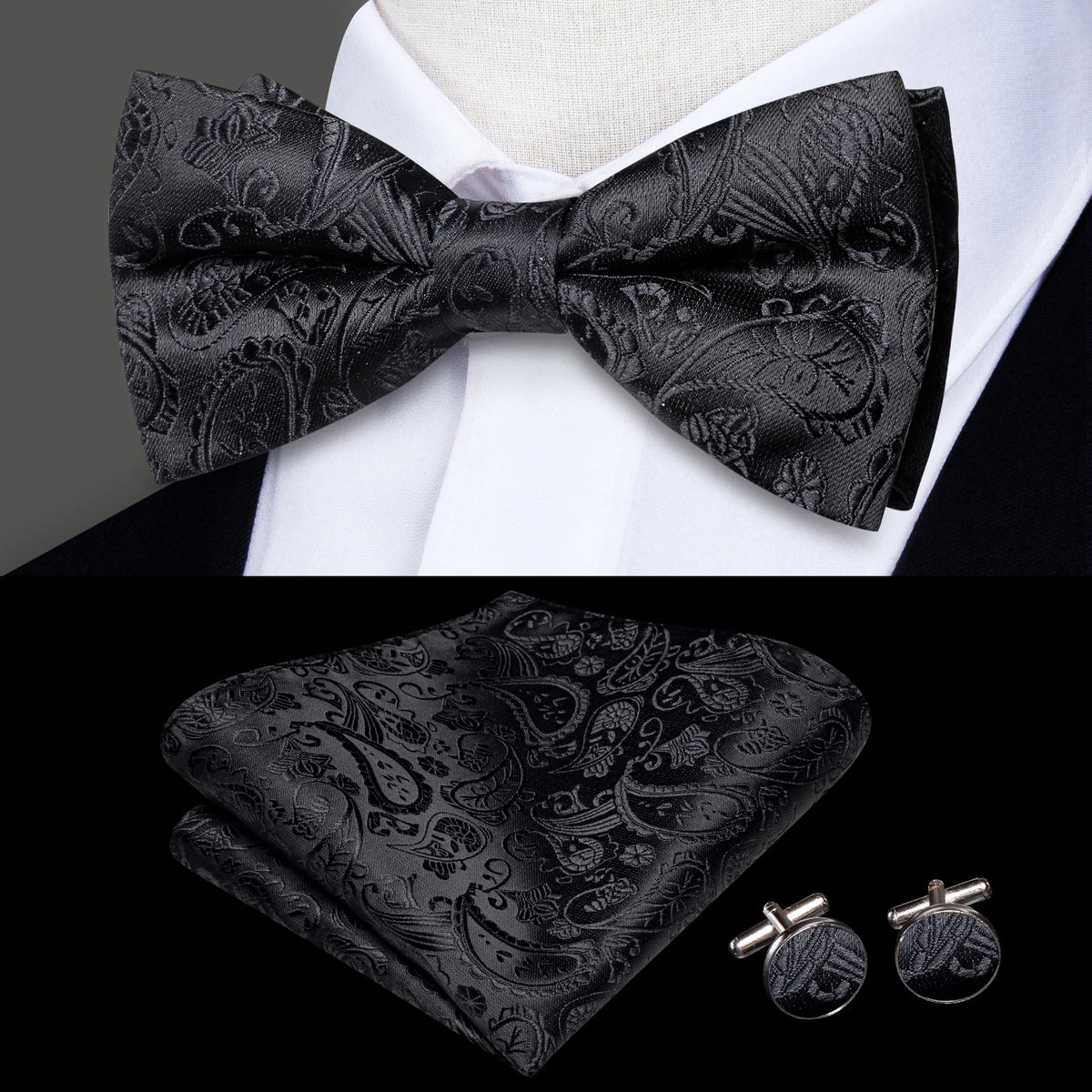Mens bow tie set in black with paisley pattern, perfect for formal events