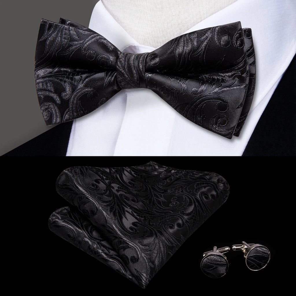 men's black silk bow tie set with matching pocket square and cufflinks