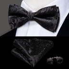 men's black silk bow tie set with matching pocket square and cufflinks