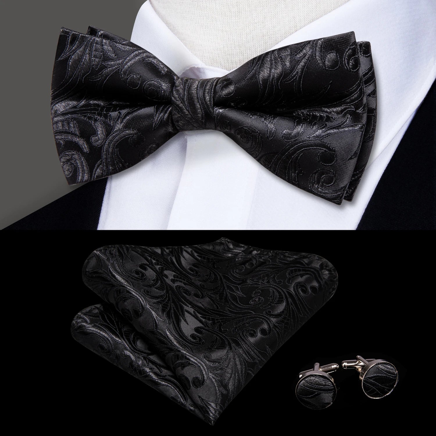 men's black silk bow tie set with matching pocket square and cufflinks
