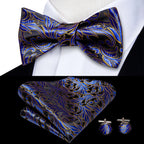 mens bow tie in black and blue floral pattern with matching pocket square