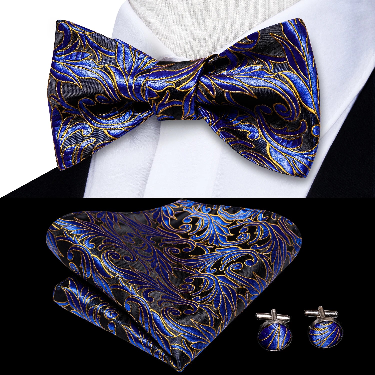 mens bow tie in black and blue floral pattern with matching pocket square