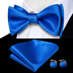 Mens bow tie in blue, satin fabric with matching pocket square and cufflinks