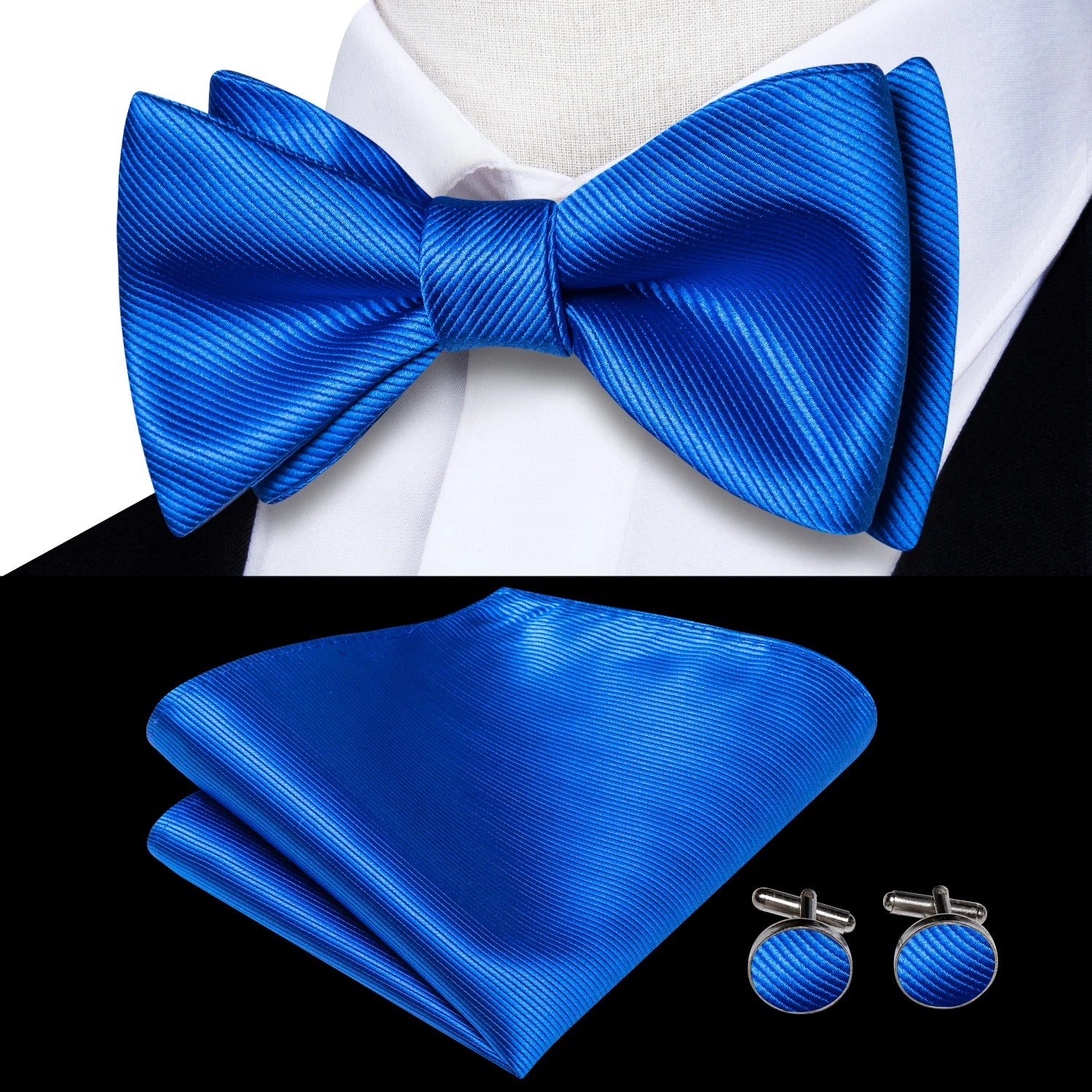 Mens bow tie in blue, satin fabric with matching pocket square and cufflinks