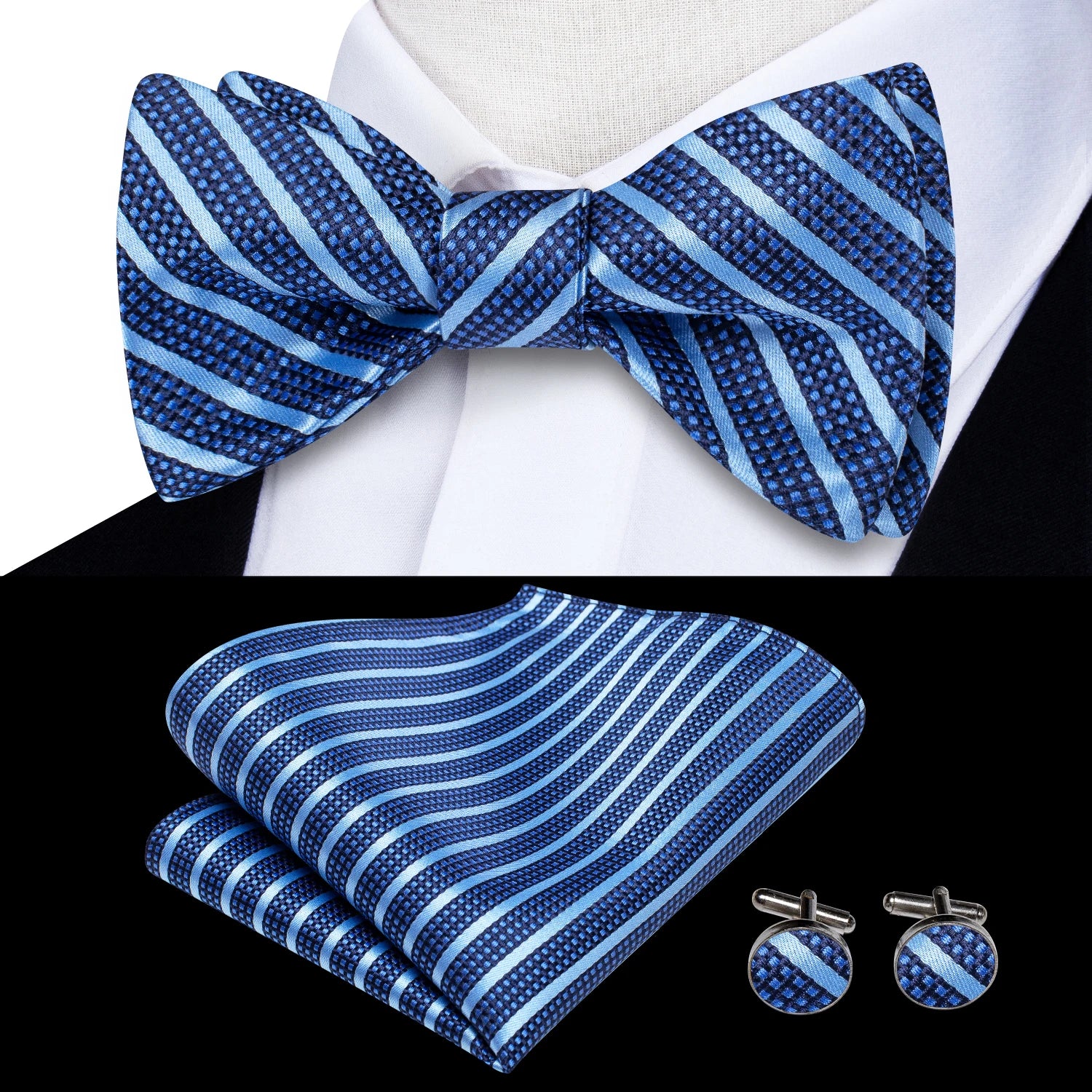 mens bow tie in blue striped pattern with matching pocket square and cufflinks