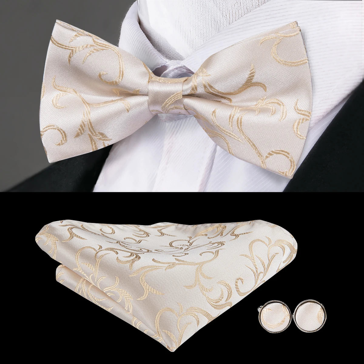 Men's bow tie in cream with elegant gold swirls, perfect for formal occasions