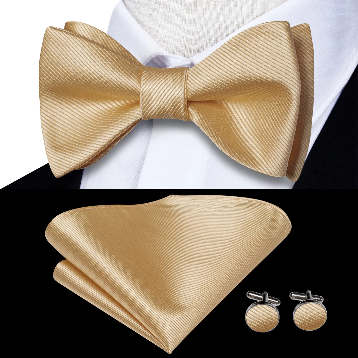 Mens bow tie in gold satin, perfect for formal events