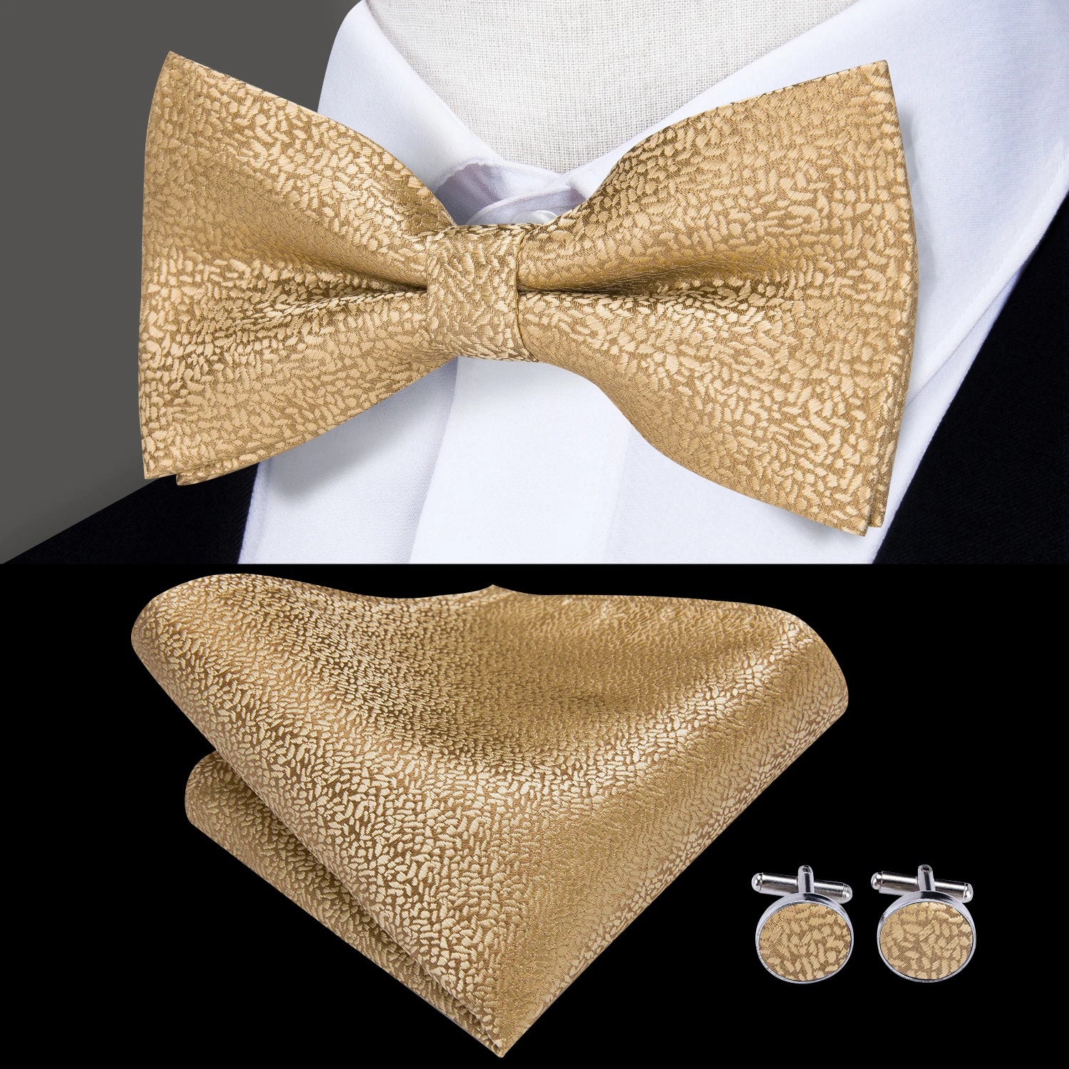 Mens bow tie in gold with matching pocket square and cufflinks for formal events
