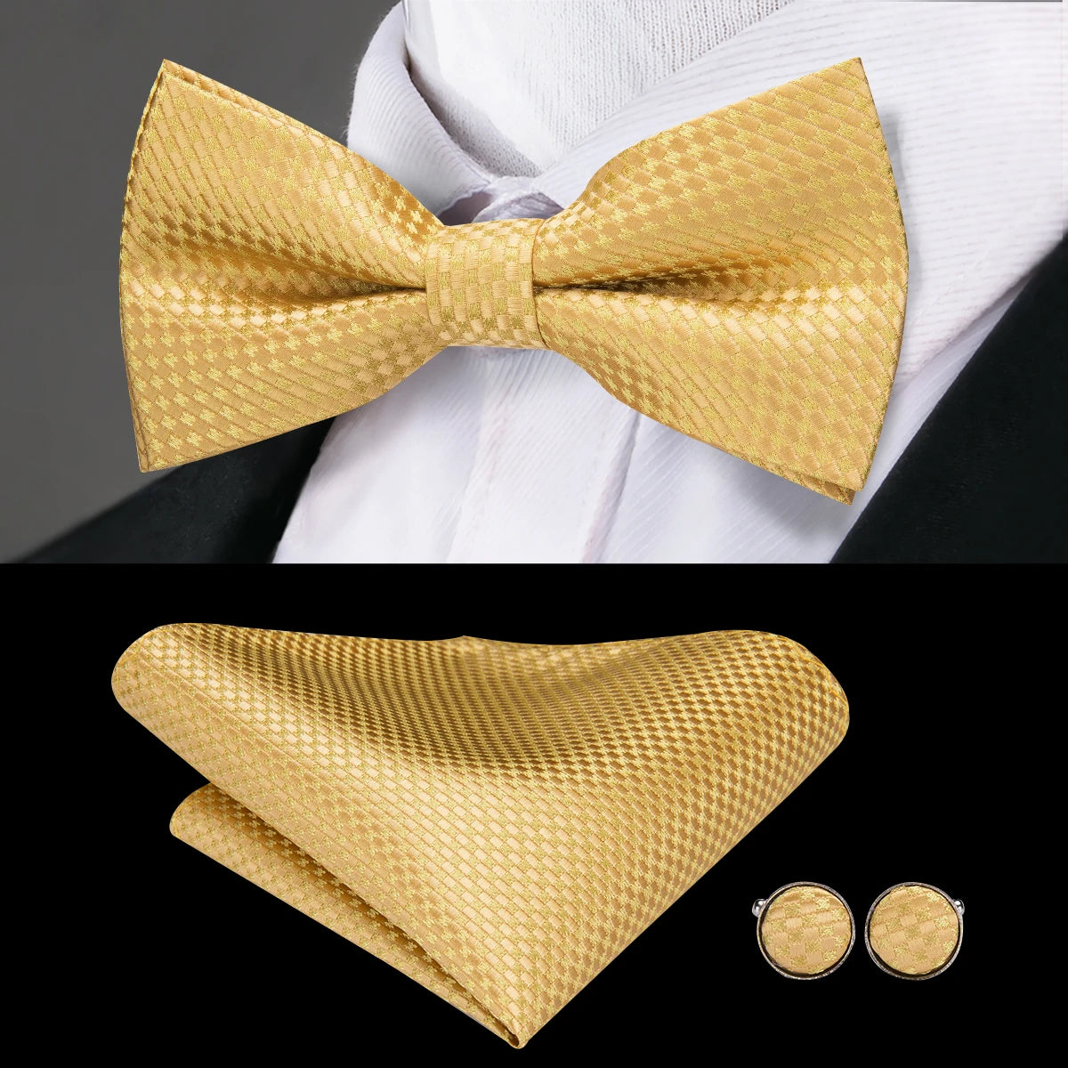Mens bow tie and matching pocket square set in gold for formal occasions