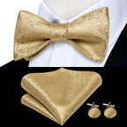Mens bow tie set in gold with pocket square and cufflinks for formal occasions