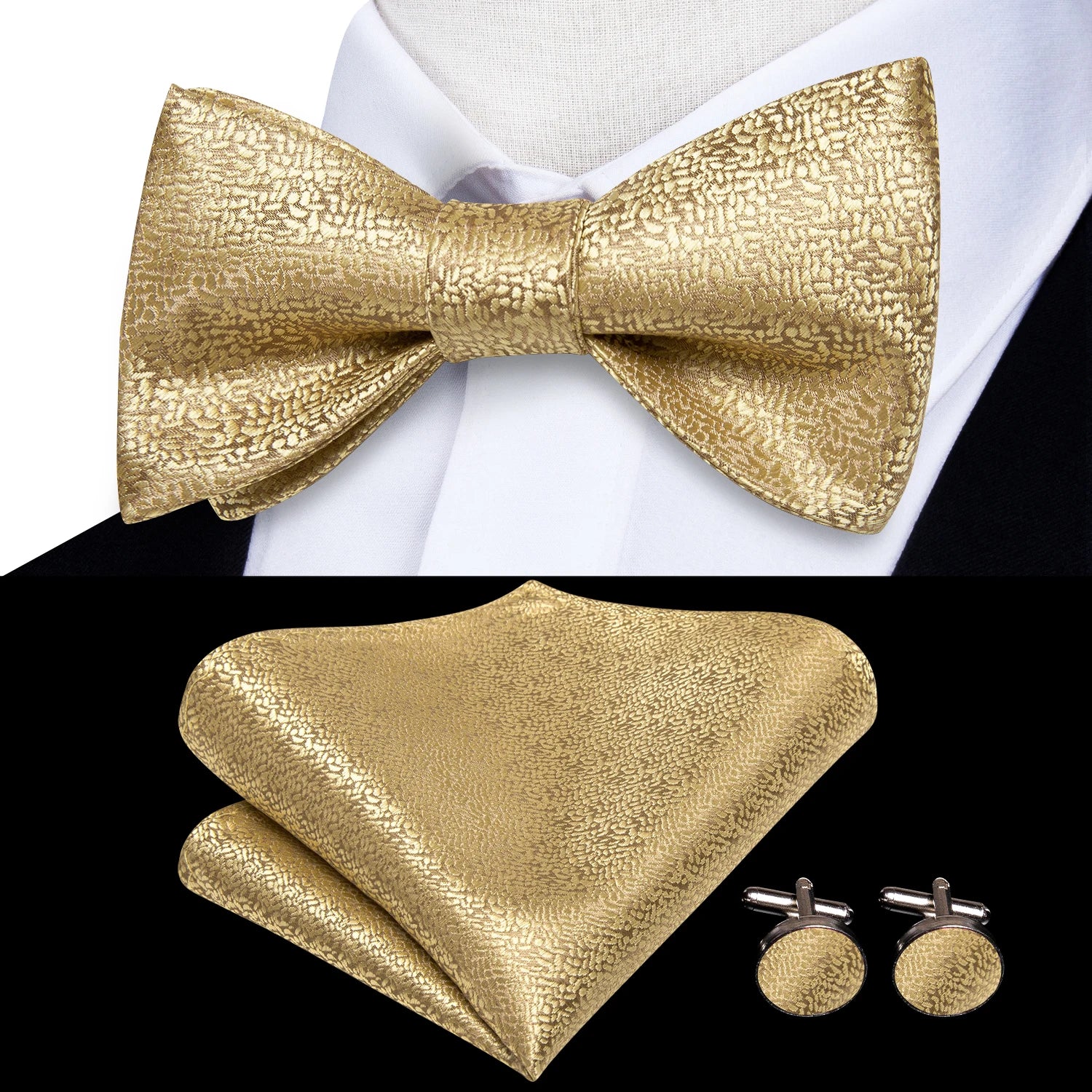 Mens bow tie set in gold with pocket square and cufflinks for formal occasions