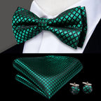 Mens bow tie in green patterned silk, perfect for formal events