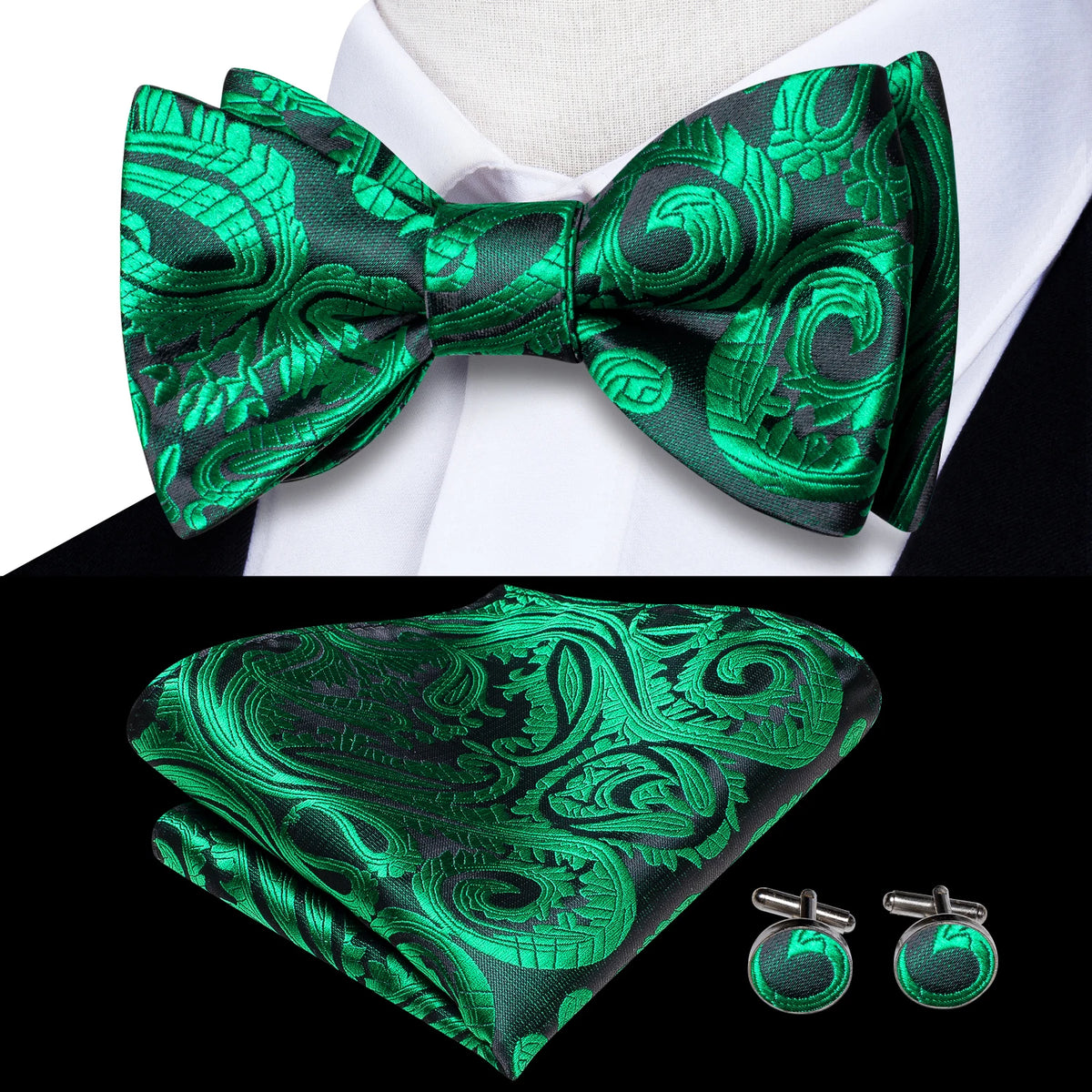 Mens bow tie in green silk with intricate floral design for formal events