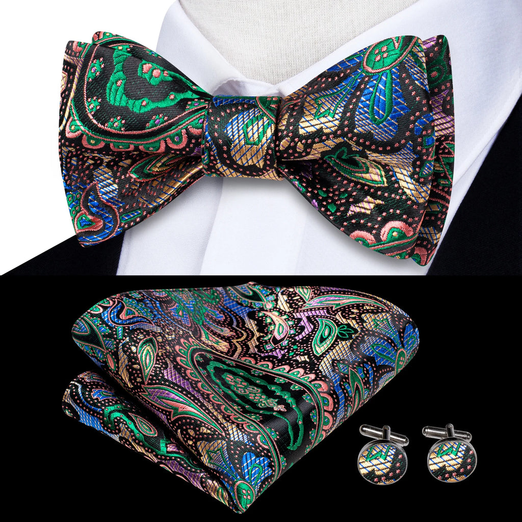 Mens bow tie set in paisley pattern with pocket square and cufflinks