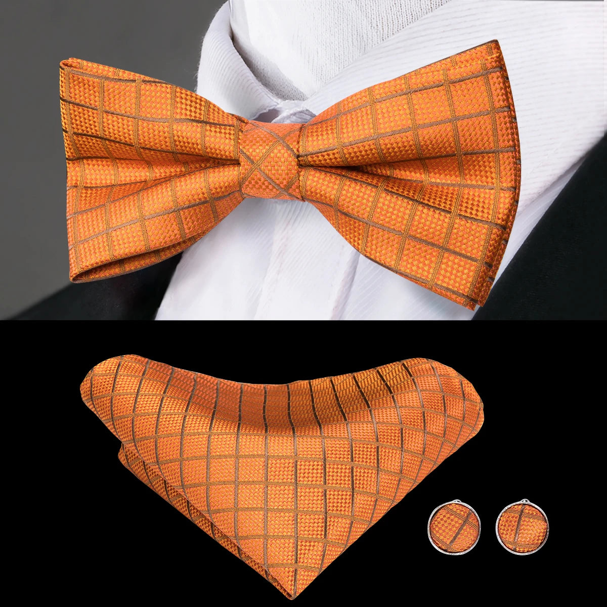 Mens bow tie in orange with matching pocket square and cufflinks for formal occasions