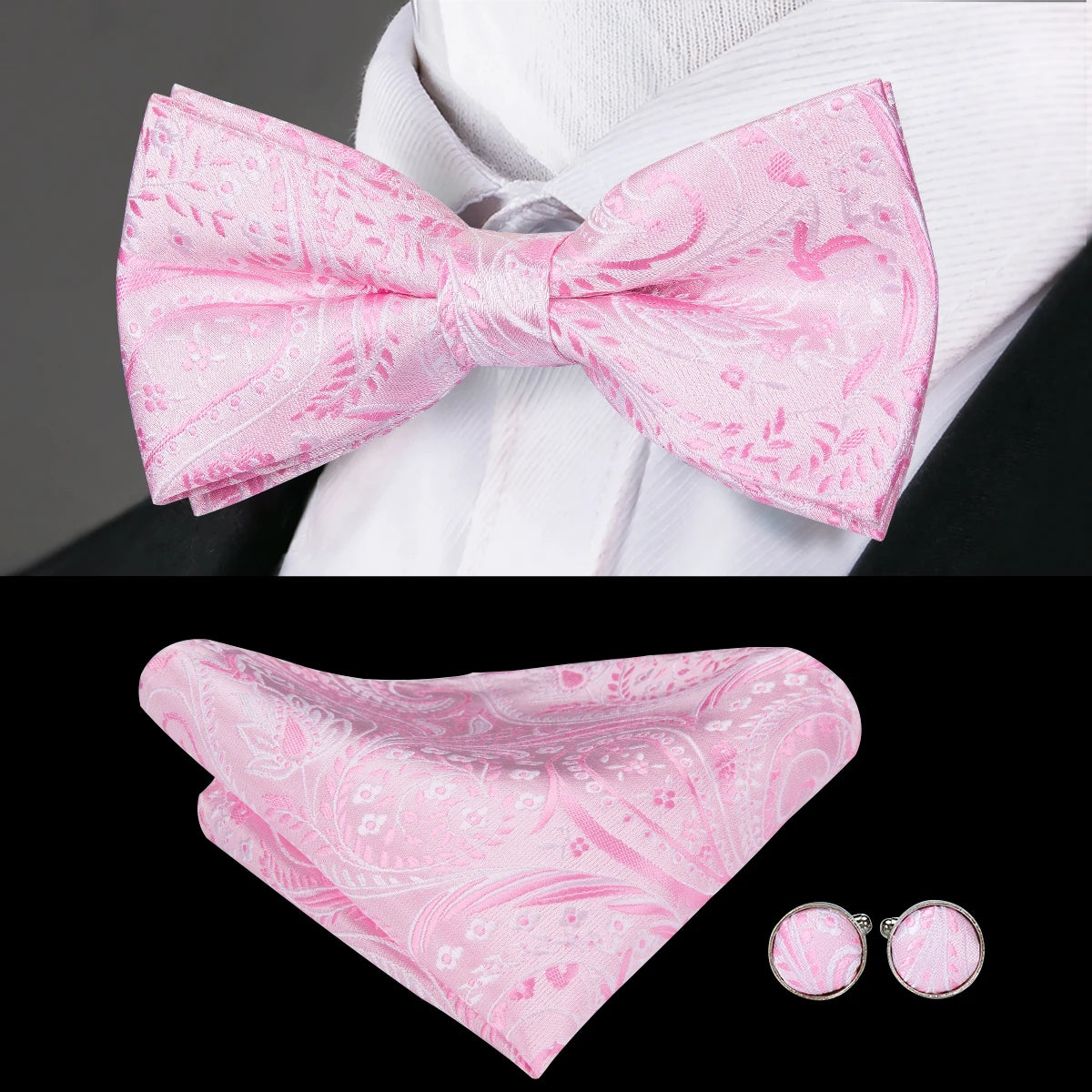 Mens bow tie in pink paisley pattern with matching pocket square and cufflinks