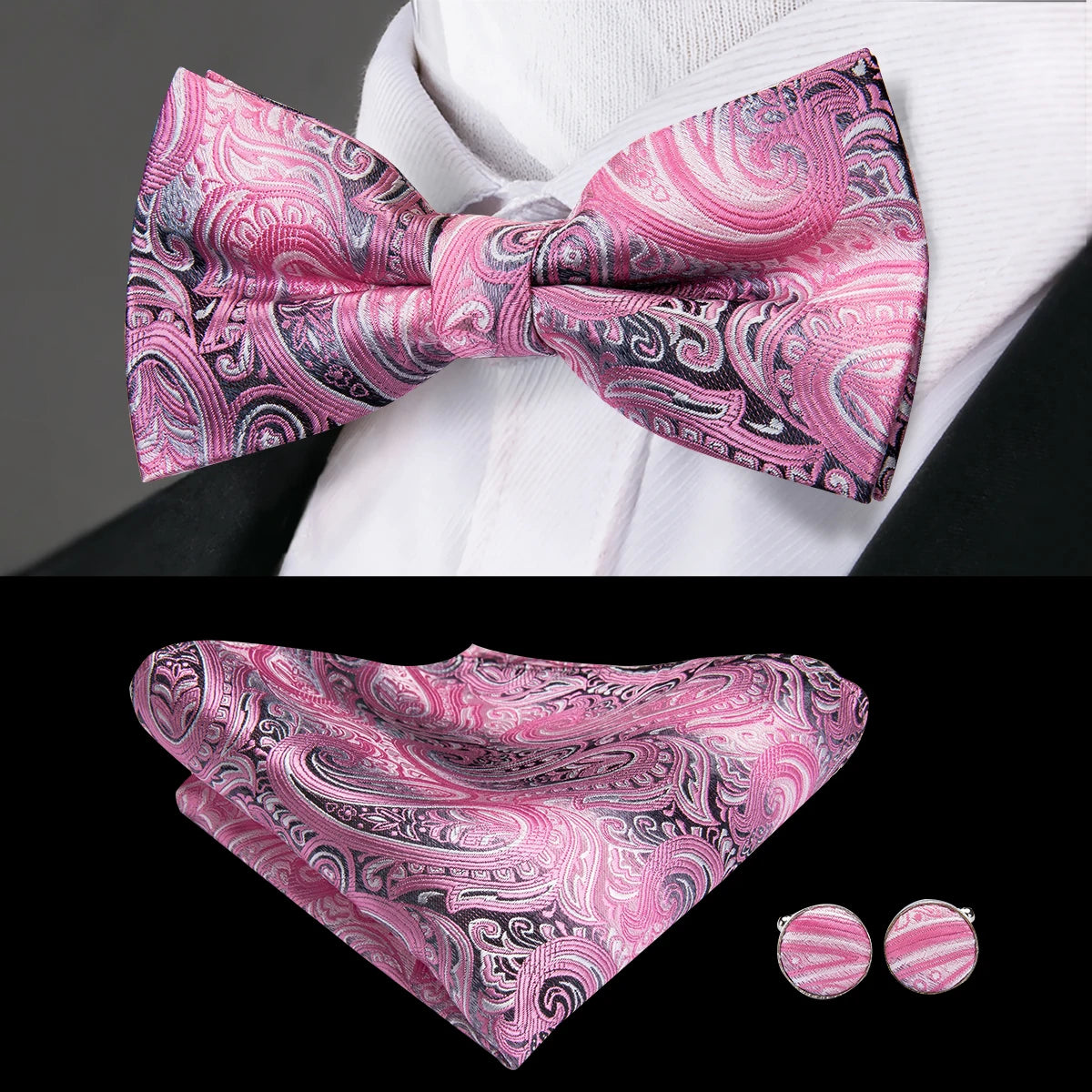 Mens bow tie in pink paisley pattern with matching pocket square and cufflinks