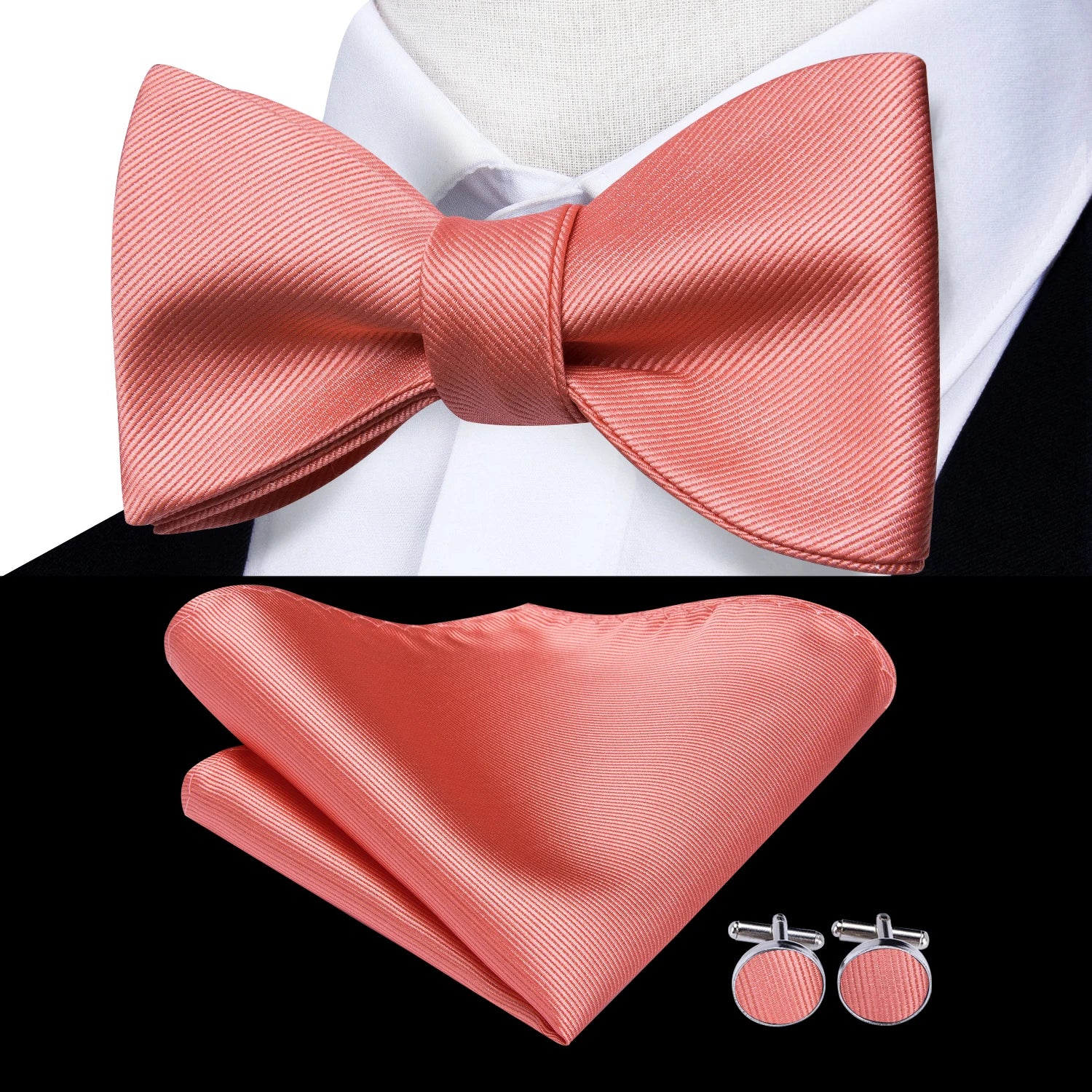 Mens bow tie in coral silk with matching pocket square and cufflinks