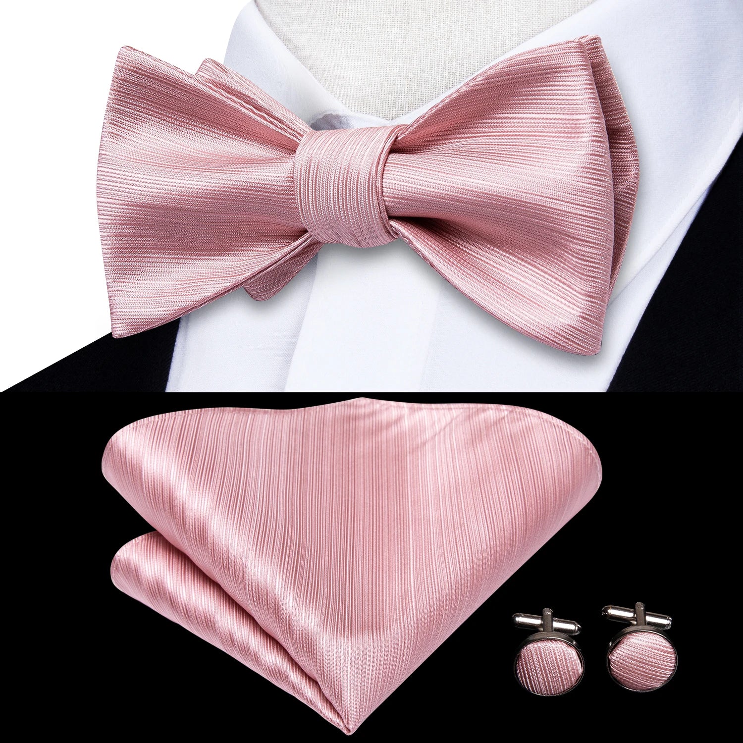 Mens bow tie in pink silk with matching pocket square and cufflinks