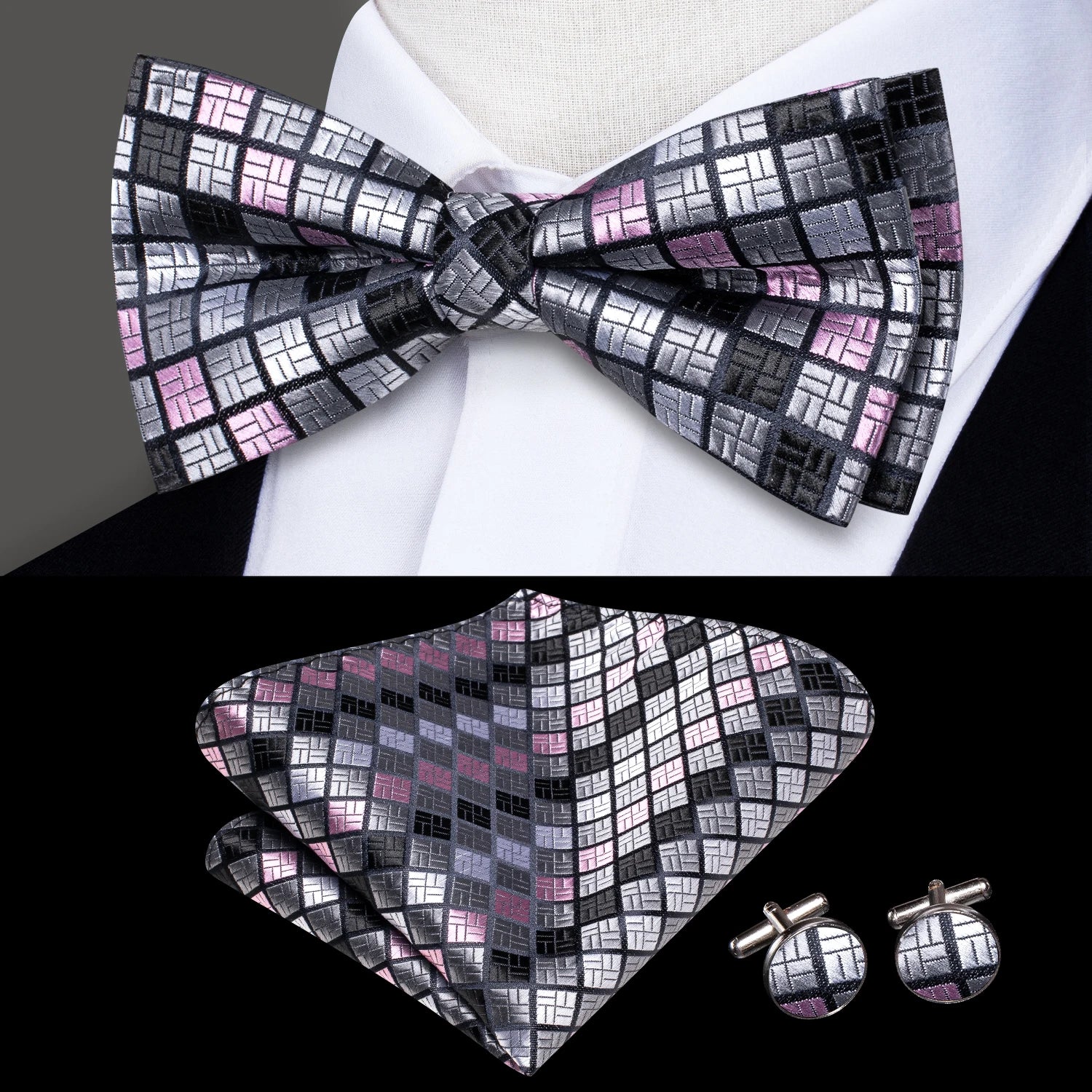 Mens bow tie with silver, black, and pink checkered pattern for formal events