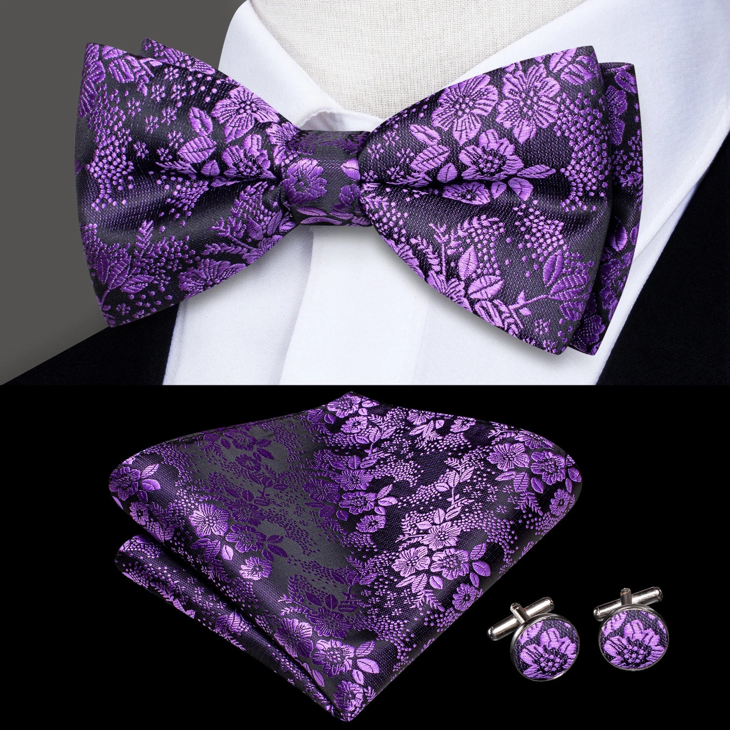 Mens bow tie in purple floral pattern with matching pocket square and cufflinks