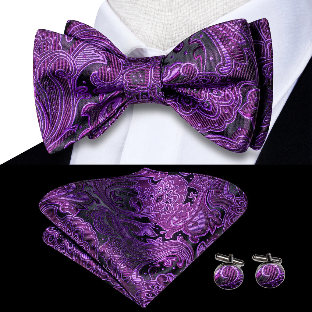 mens bow tie in purple paisley pattern with matching pocket square and cuff links