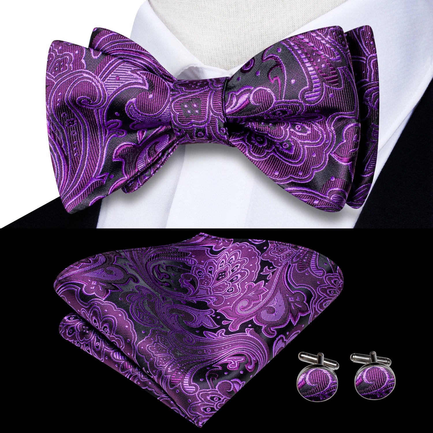 mens bow tie in purple paisley pattern with matching pocket square and cuff links