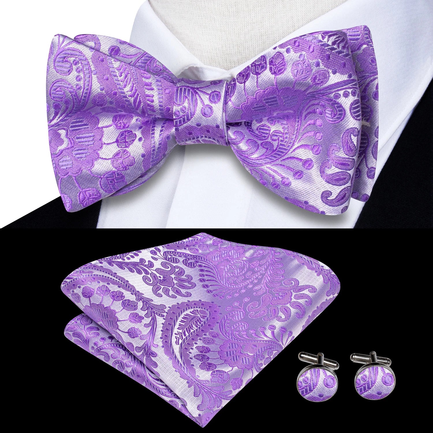 Mens bow tie set in purple silk with matching pocket square and cufflinks