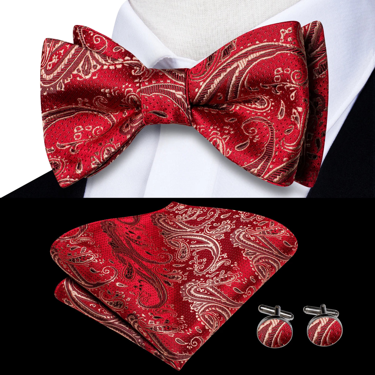 Mens bow tie set in red paisley fabric with pocket square and cufflinks
