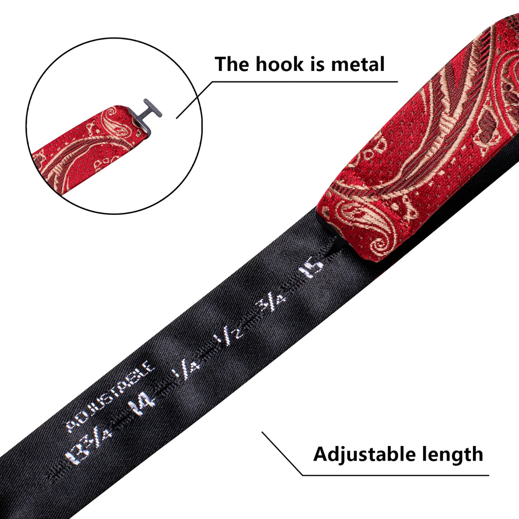 Adjustable red paisley men's bow tie with metal hook for formal events