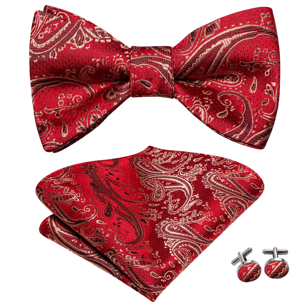 Mens bow tie set in red paisley design with pocket square and cufflinks