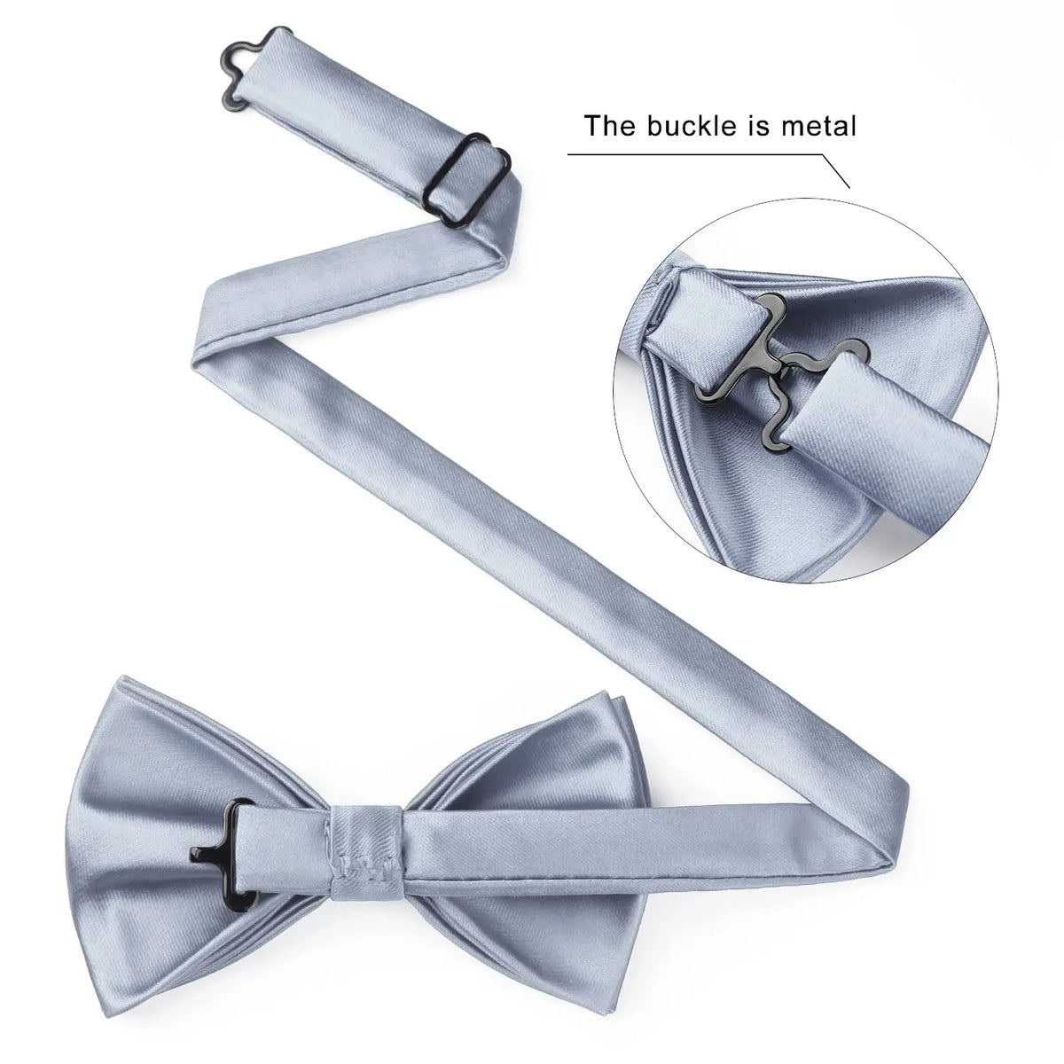 Light blue satin mens bow tie with metal buckle for formal occasions