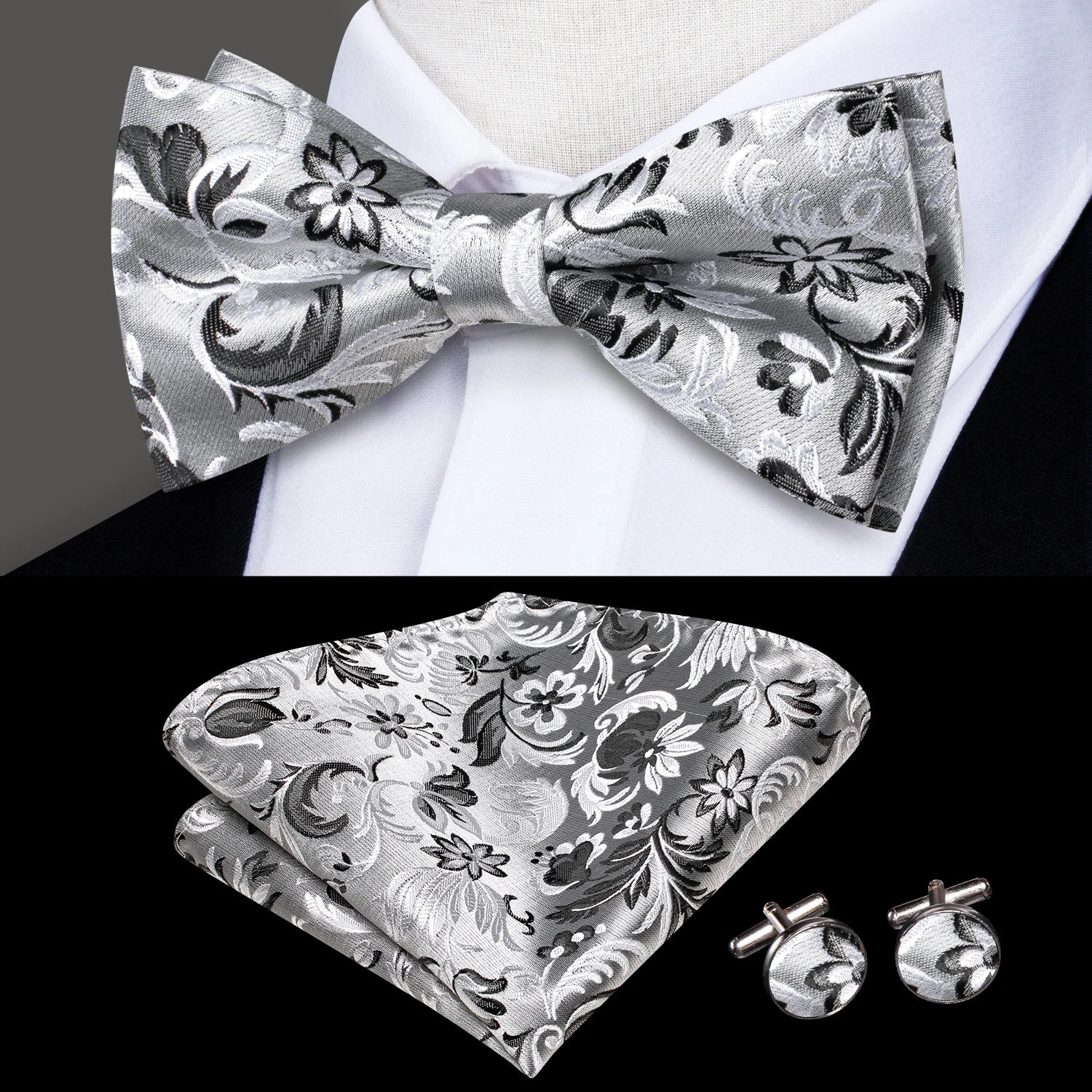 Mens bow tie in silver floral pattern with matching pocket square and cufflinks