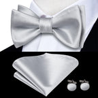 Elegant silver mens bow tie set with matching pocket square and cufflinks