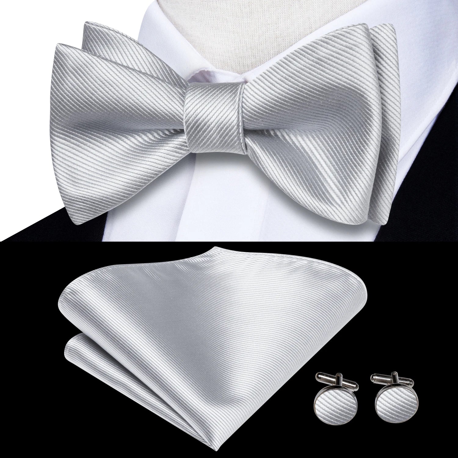 Elegant silver mens bow tie set with matching pocket square and cufflinks
