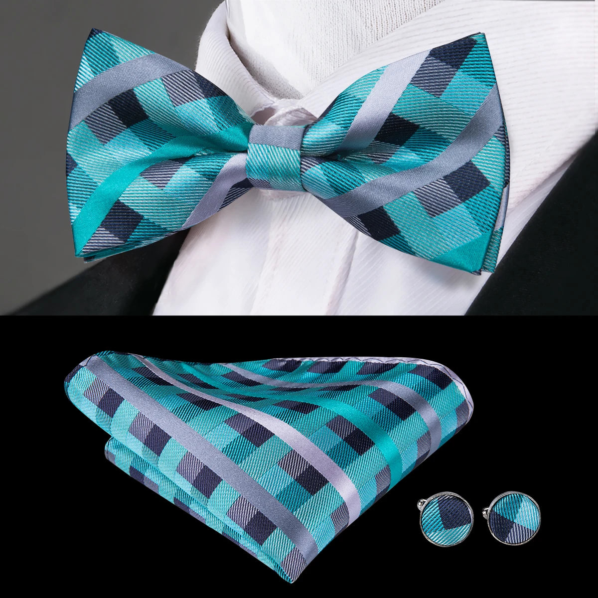 Mens bow tie in teal and navy pattern with matching pocket square and cufflinks