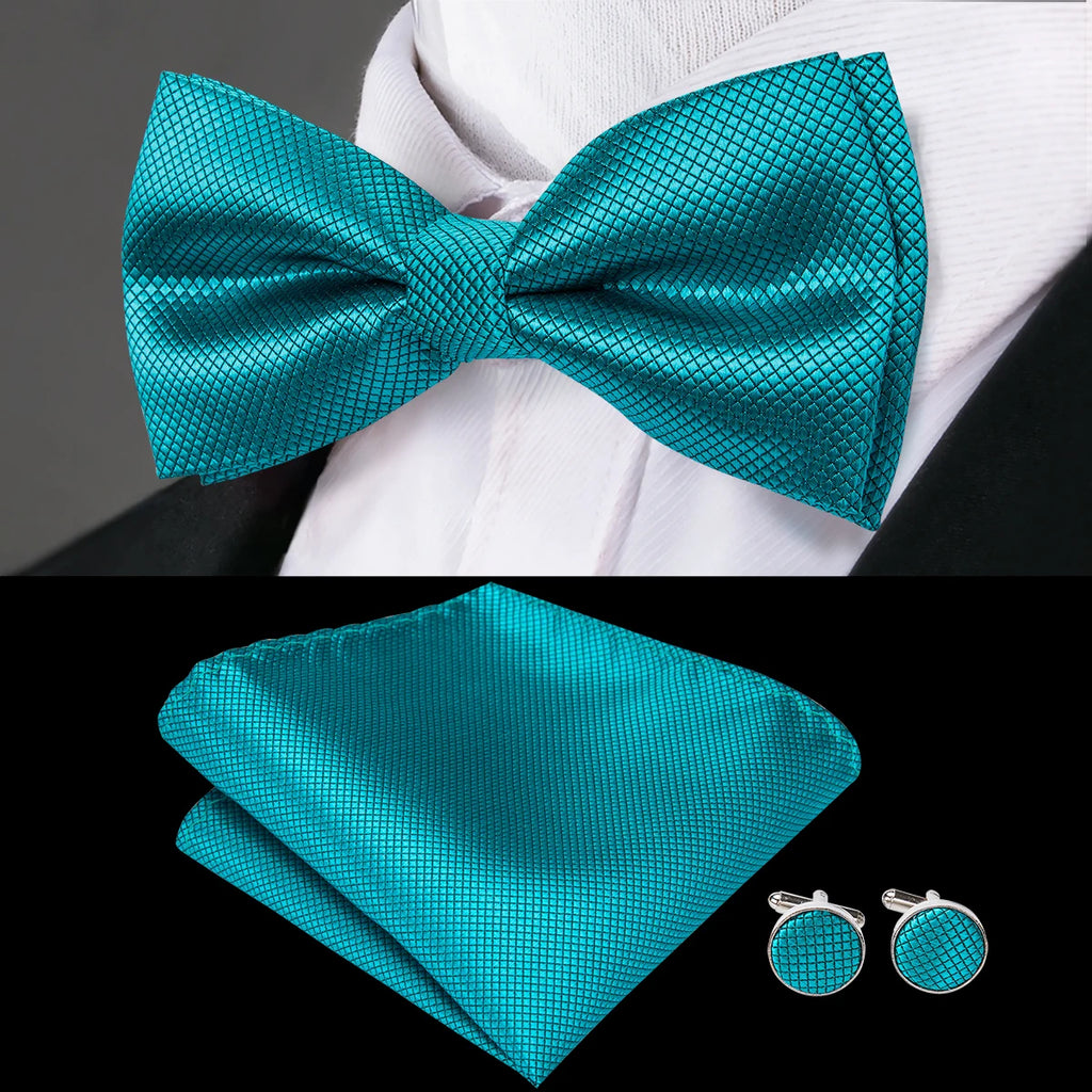 Mens bow tie in teal silk with matching pocket square and cufflinks